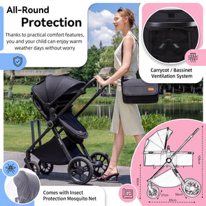 Movebaby™ 3 in 1 Kinderwagen met Autostoel | Luxe Opvouwbare Kinderwagen vanaf Geboorte | Lichtgewicht Aluminium Frame Movebaby