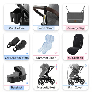 Movebaby™ Luxe 3-in-1 Kinderwagen – Omkeerbaar & Compleet | 9 Accessoires Inbegrepen Movebaby