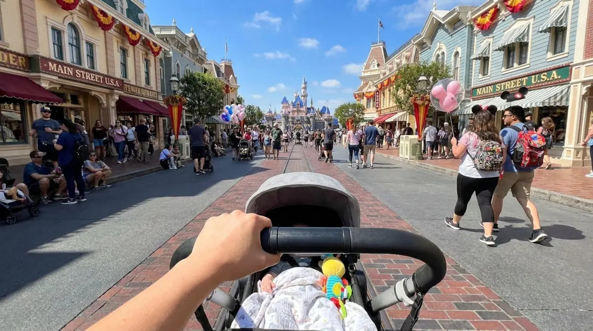 Pushing a baby stroller on a bustling theme park street.